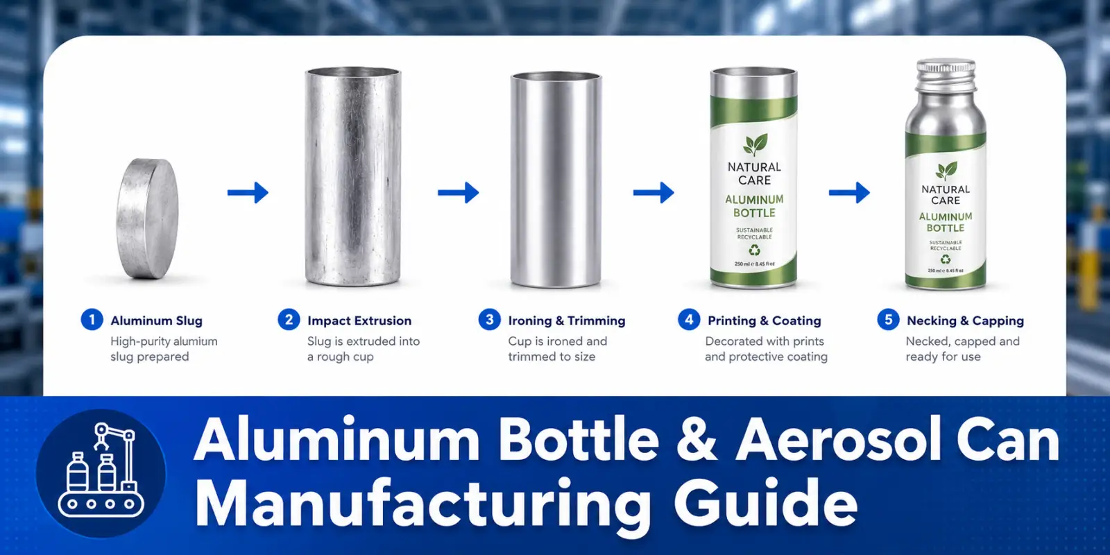 Aluminum bottle manufacturing process from metal slug to finished bottle