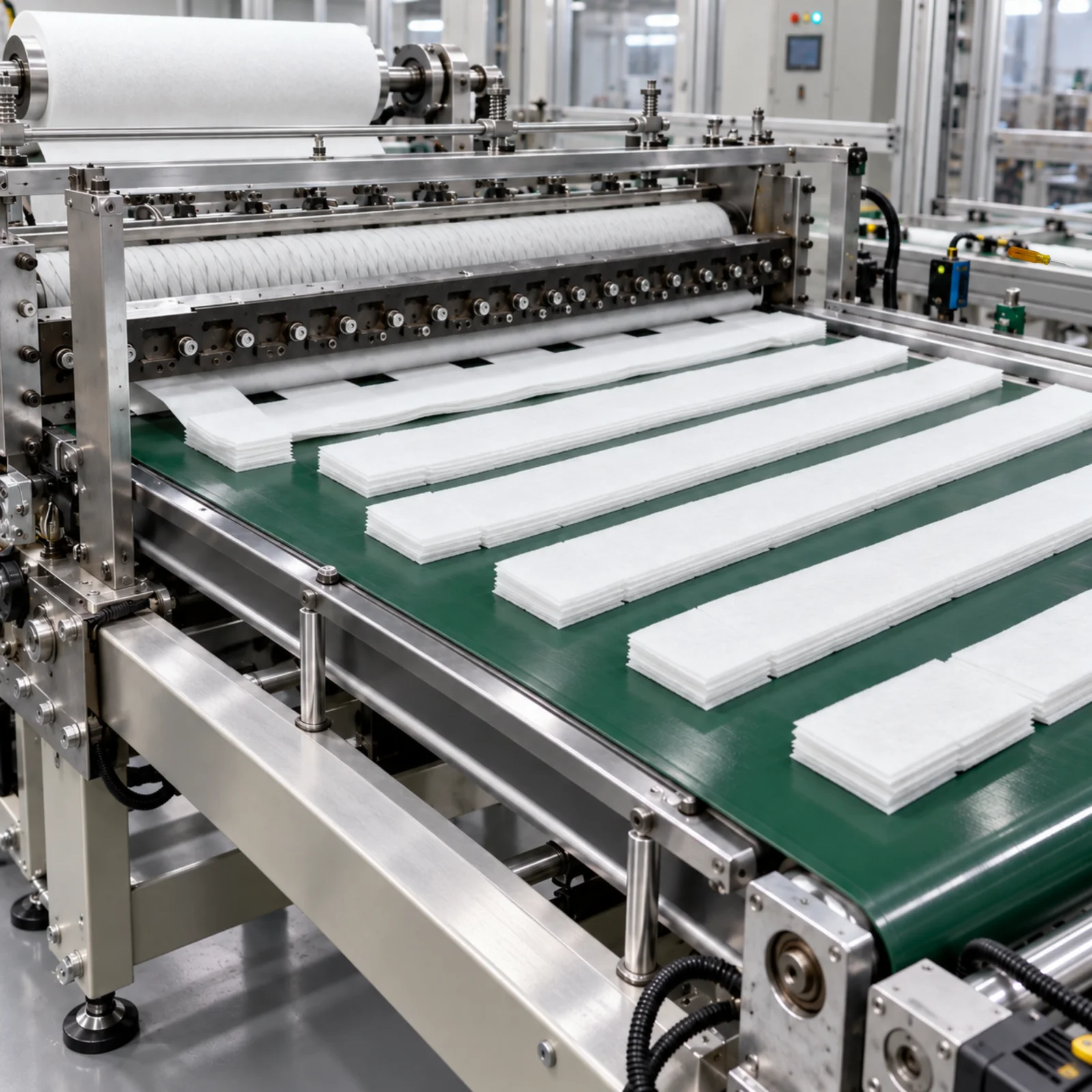 White laundry detergent sheets on a conveyor at the cutting and sizing stage