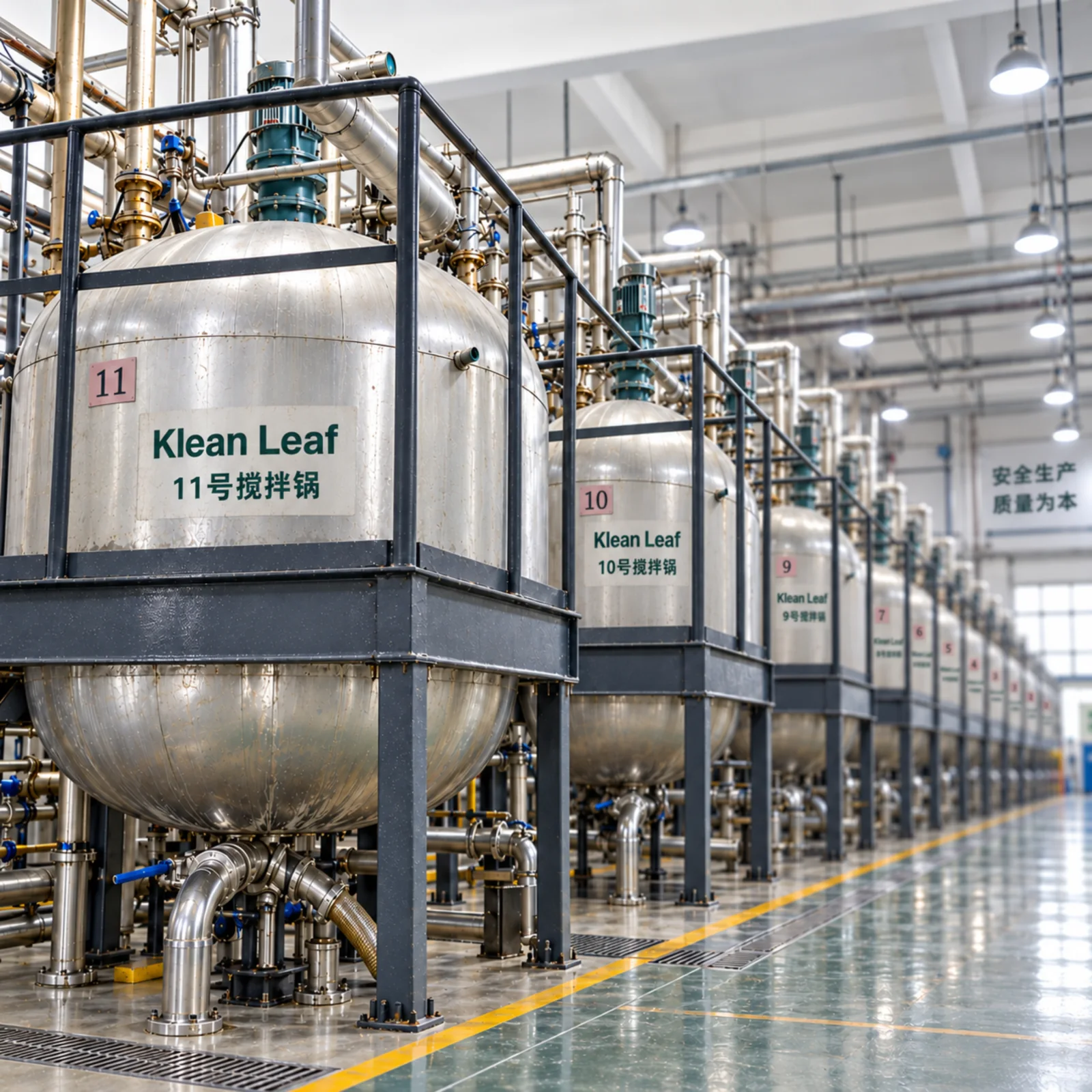 Stainless steel mixing tanks used to blend laundry detergent sheet ingredients at Klean Leaf