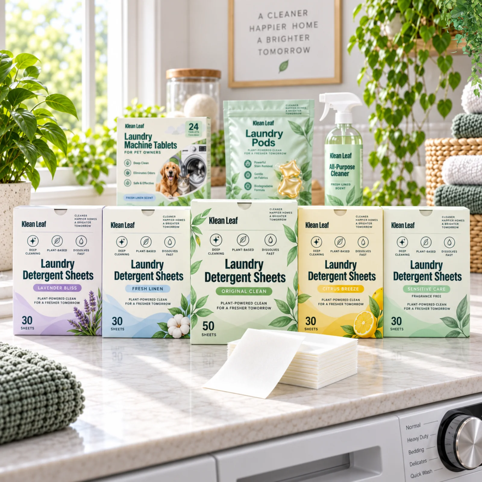Klean Leaf private label laundry detergent sheets with laundry pods and household cleaning products on a countertop