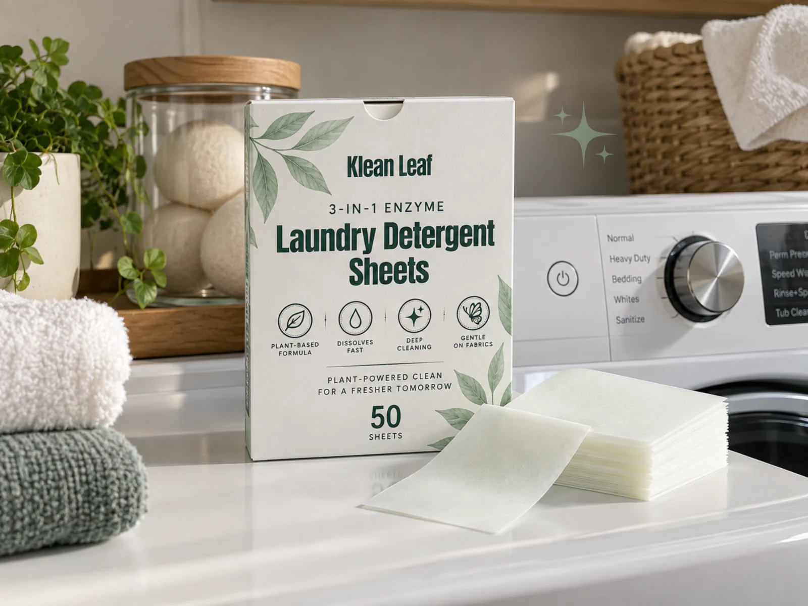 Klean Leaf 3-in-1 enzyme laundry detergent sheets box and loose sheets on a washing machine
