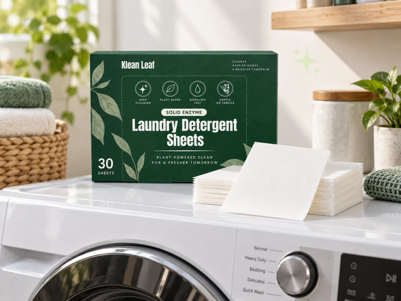 Klean Leaf solid enzyme laundry detergent sheets in a dark green box with stacked white sheets on a washing machine