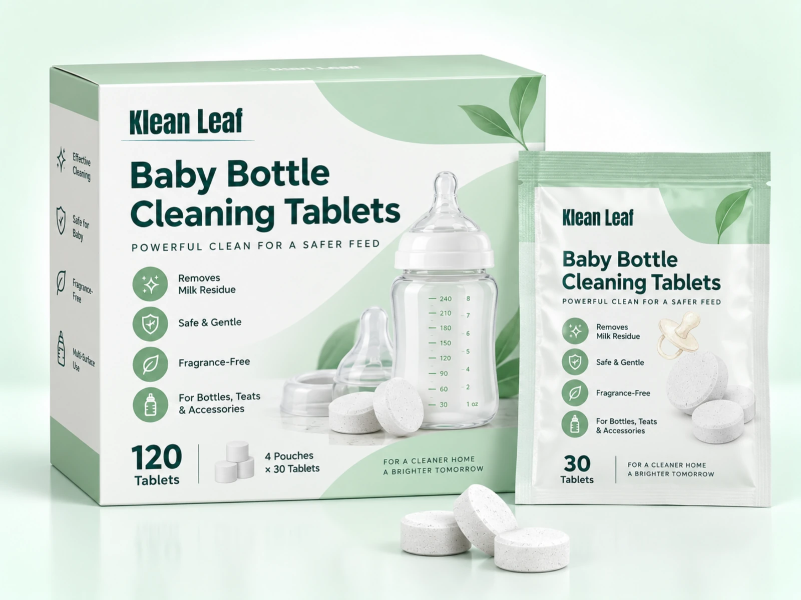 Klean Leaf baby bottle cleaning tablets in a white and green box and pouch with loose round tablets