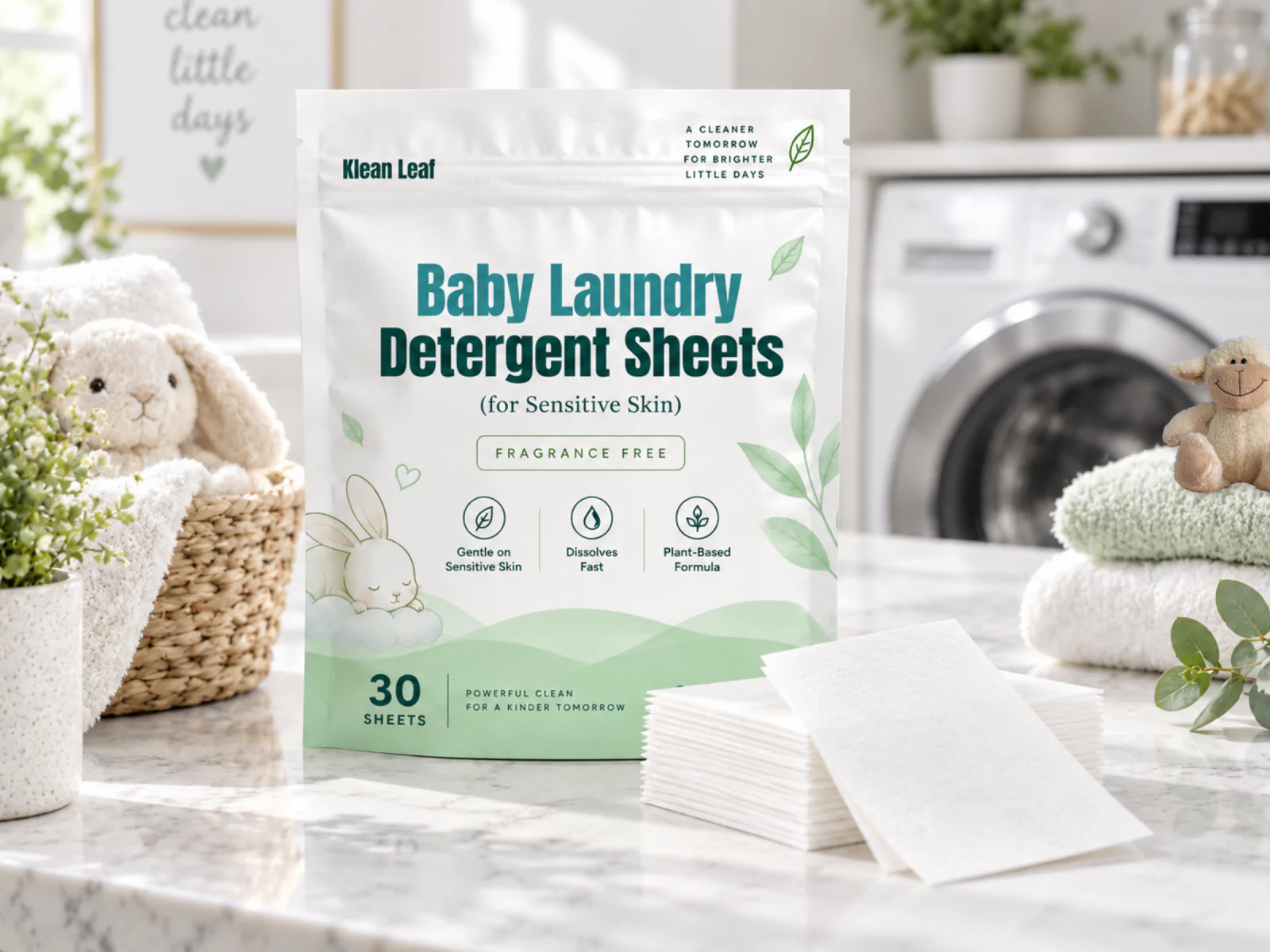 Klean Leaf baby laundry detergent sheets pouch and loose sheets in a laundry room with towels and plush toys