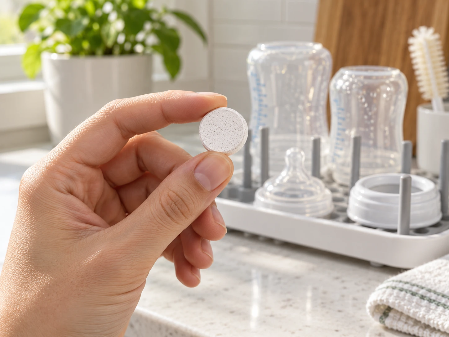 A small white Klean Leaf baby bottle cleaning tablet held between fingers with clean disassembled feeding bottles on a drying rack behind