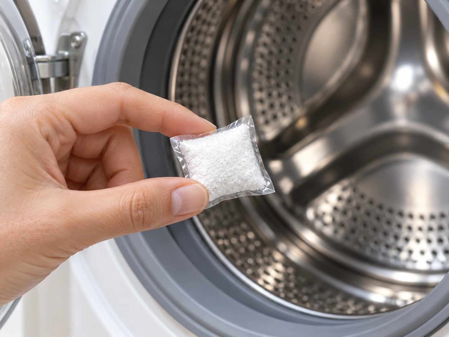 A dry hand holds an intact white powder-filled laundry booster pod at an empty washer drum.