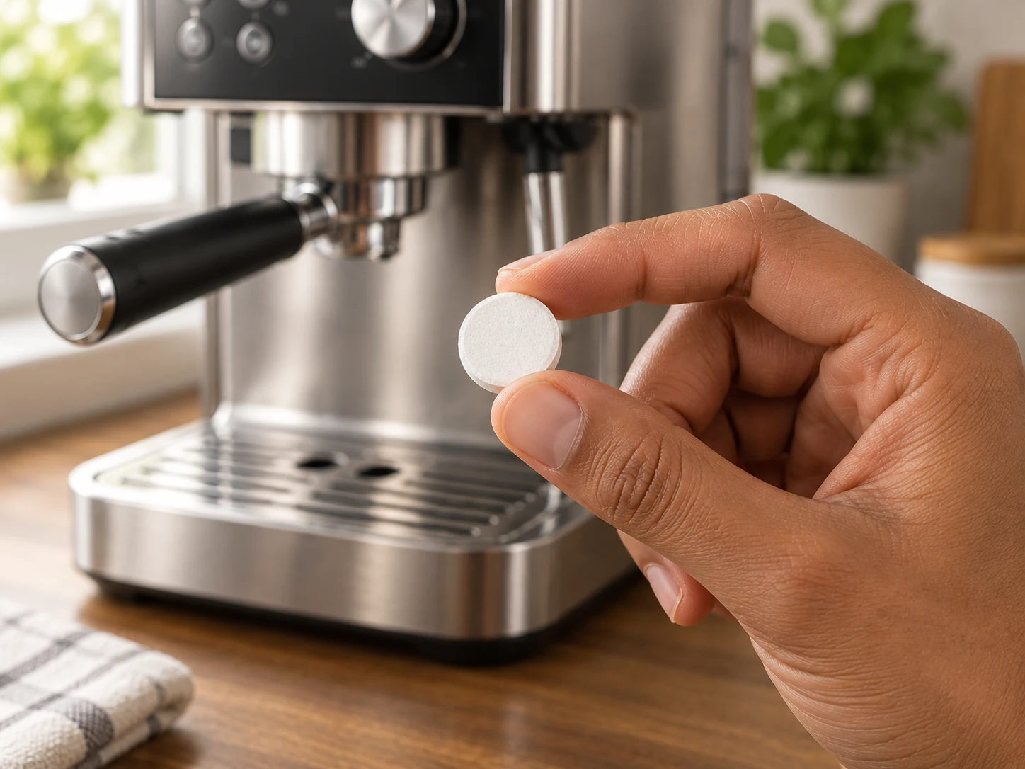 A small white Klean Leaf coffee-machine cleaning tablet held between fingers near an unbranded home espresso machine
