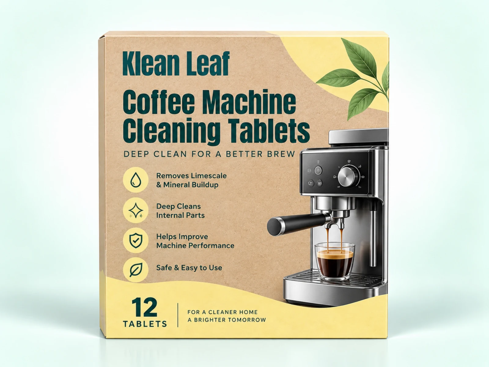 Klean Leaf coffee machine cleaning tablets in a tan and yellow box with an espresso machine illustration