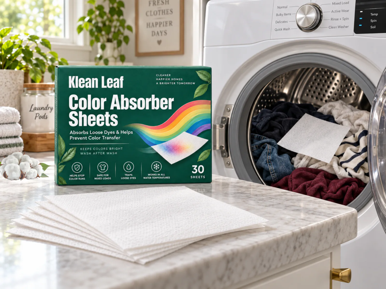 Klean Leaf color-absorbing sheets box beside an open washing machine with a sheet resting on mixed laundry