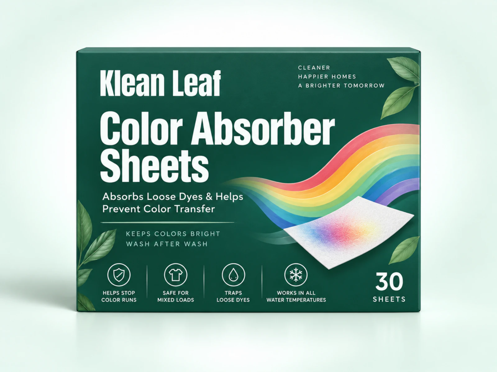 Klean Leaf Color-Absorbing Sheets in a dark green box with a rainbow design