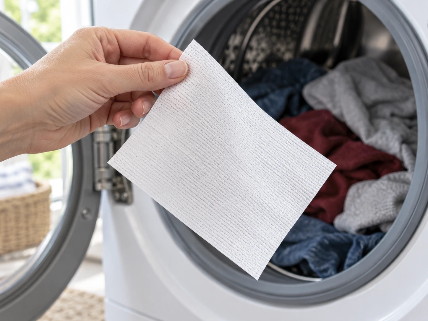 A hand holding a white color-catcher sheet in front of an open washer with blue, burgundy and grey clothes