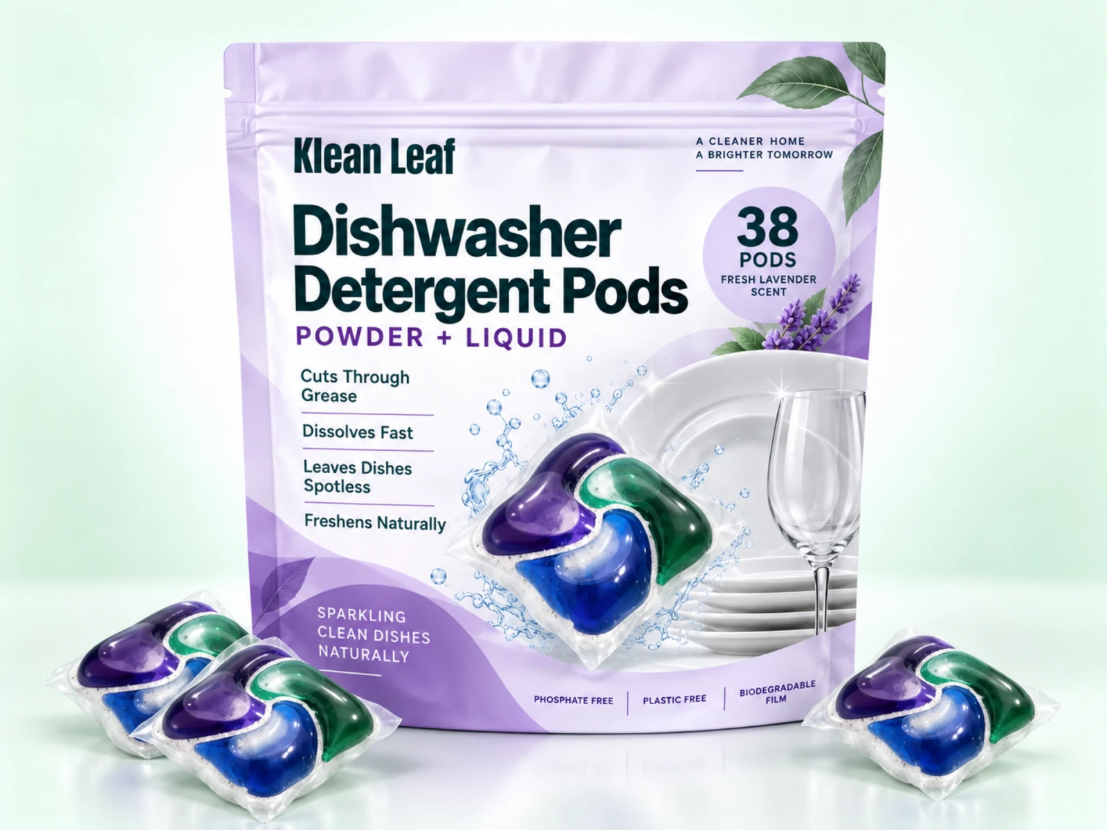 Klean Leaf powder and liquid dishwasher detergent pods in a lavender pouch with purple, green and blue pods