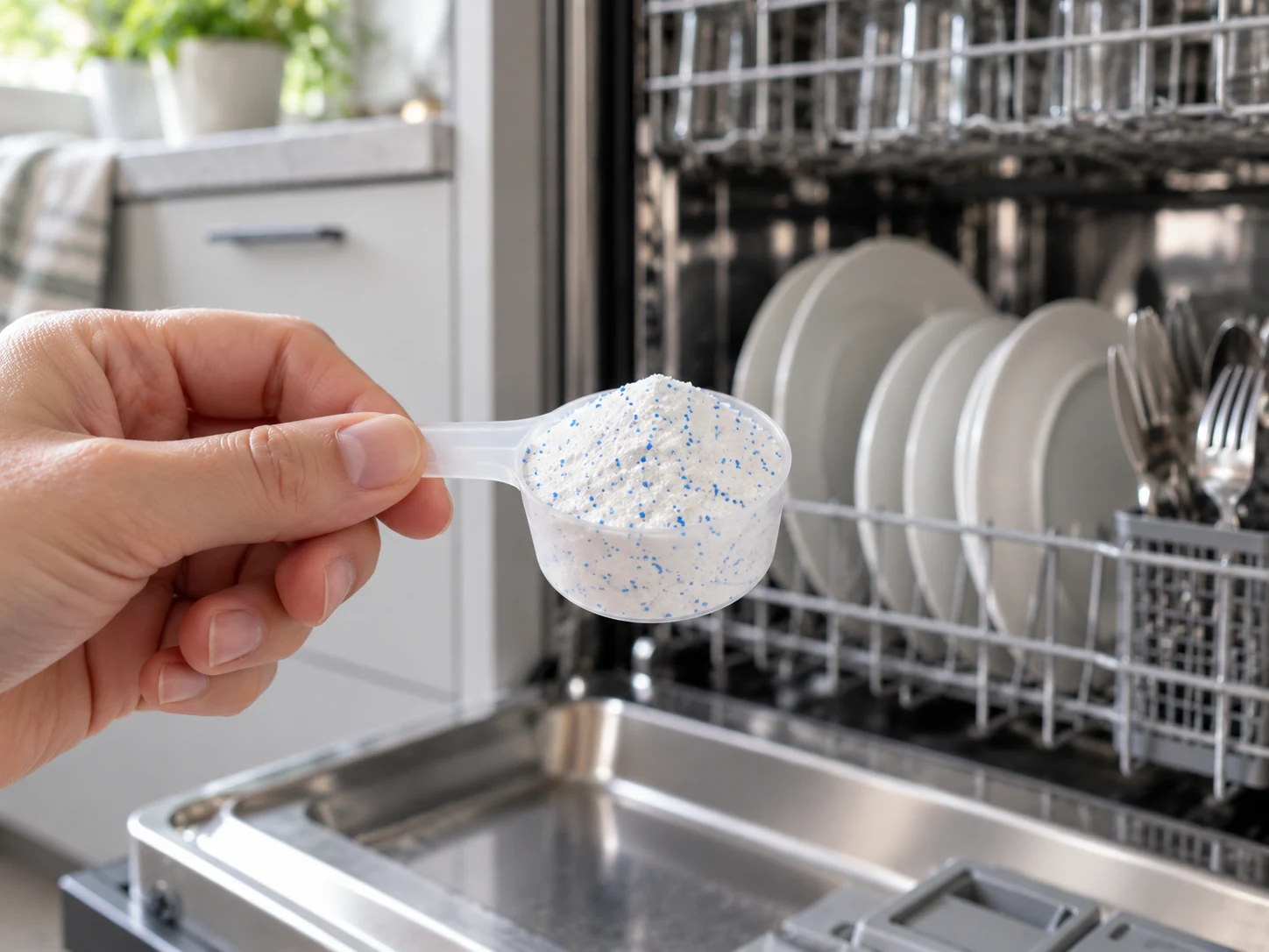Fine white dishwasher detergent powder with small blue flecks in a scoop held beside an open dishwasher
