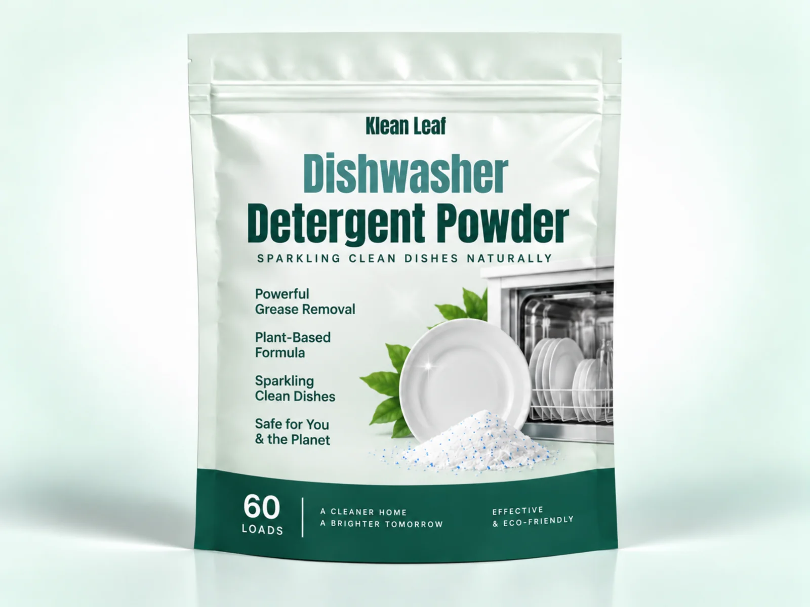Klean Leaf dishwasher detergent powder in a light green resealable pouch with a dishwasher and plate illustration