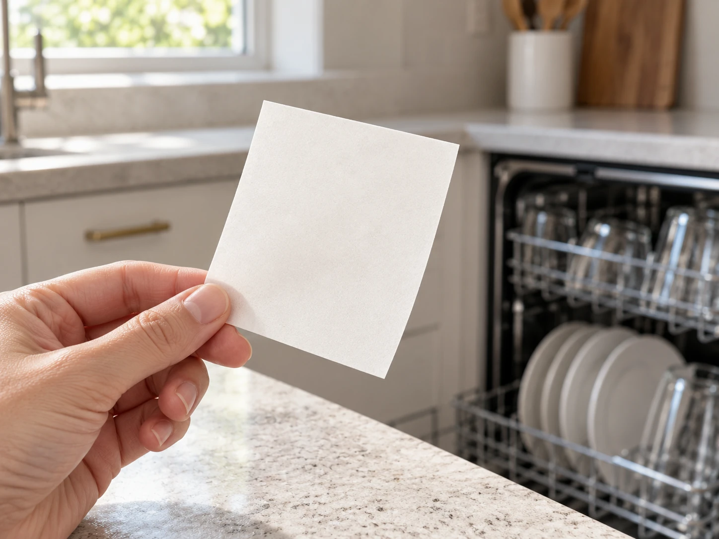 A dry hand holding an ivory dishwasher detergent sheet with plates and glasses in an open dishwasher behind