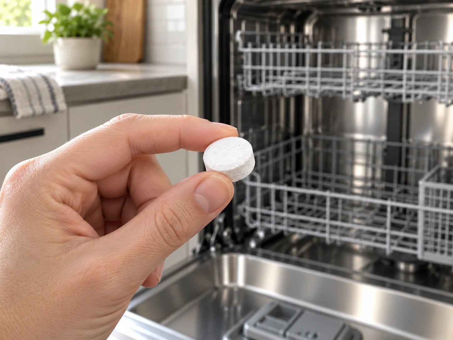 A small round white dishwasher machine cleaning tablet held between fingertips with an empty dishwasher in the background