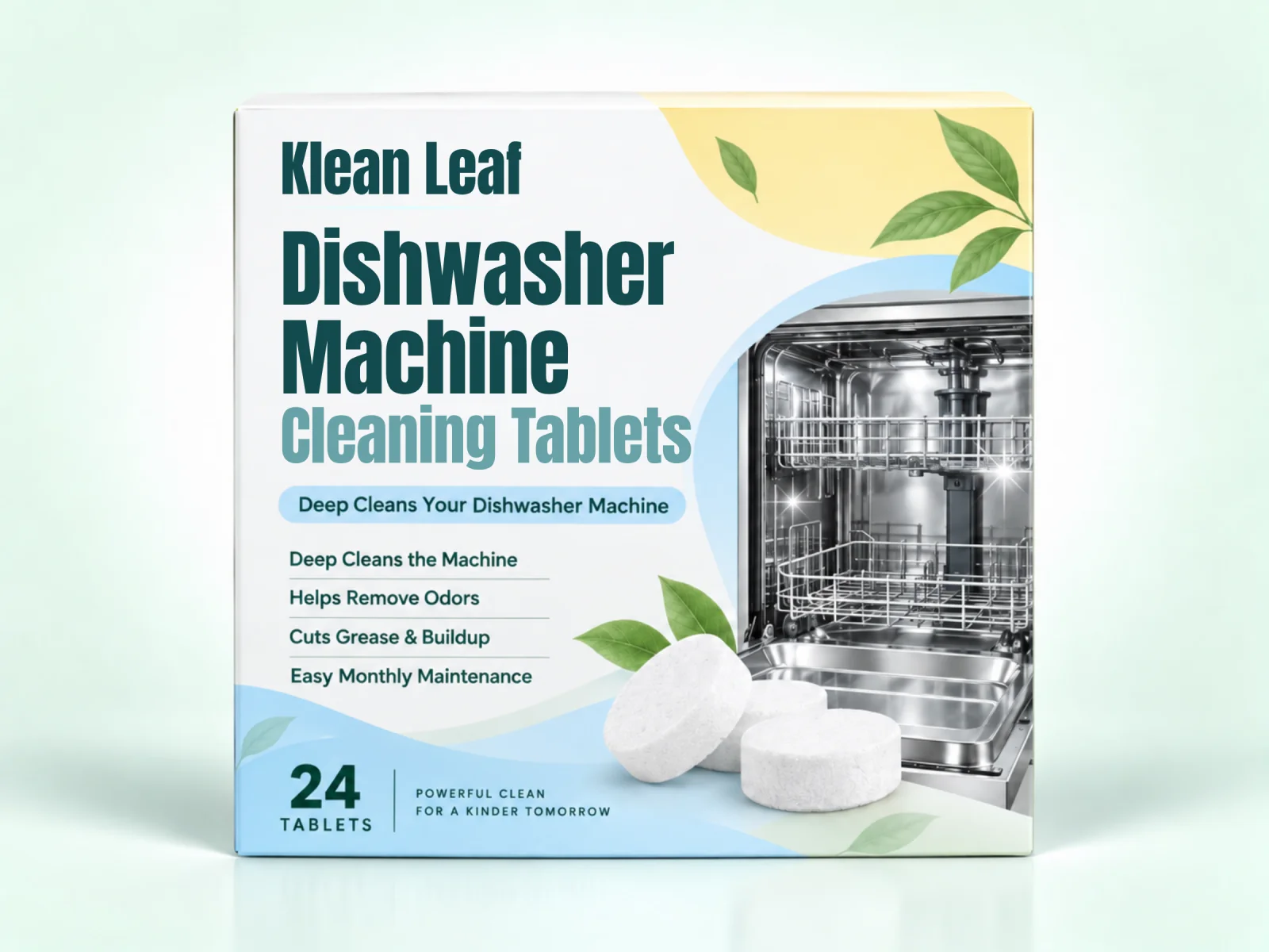 Klean Leaf dishwasher cleaning tablets in a white, blue and yellow box