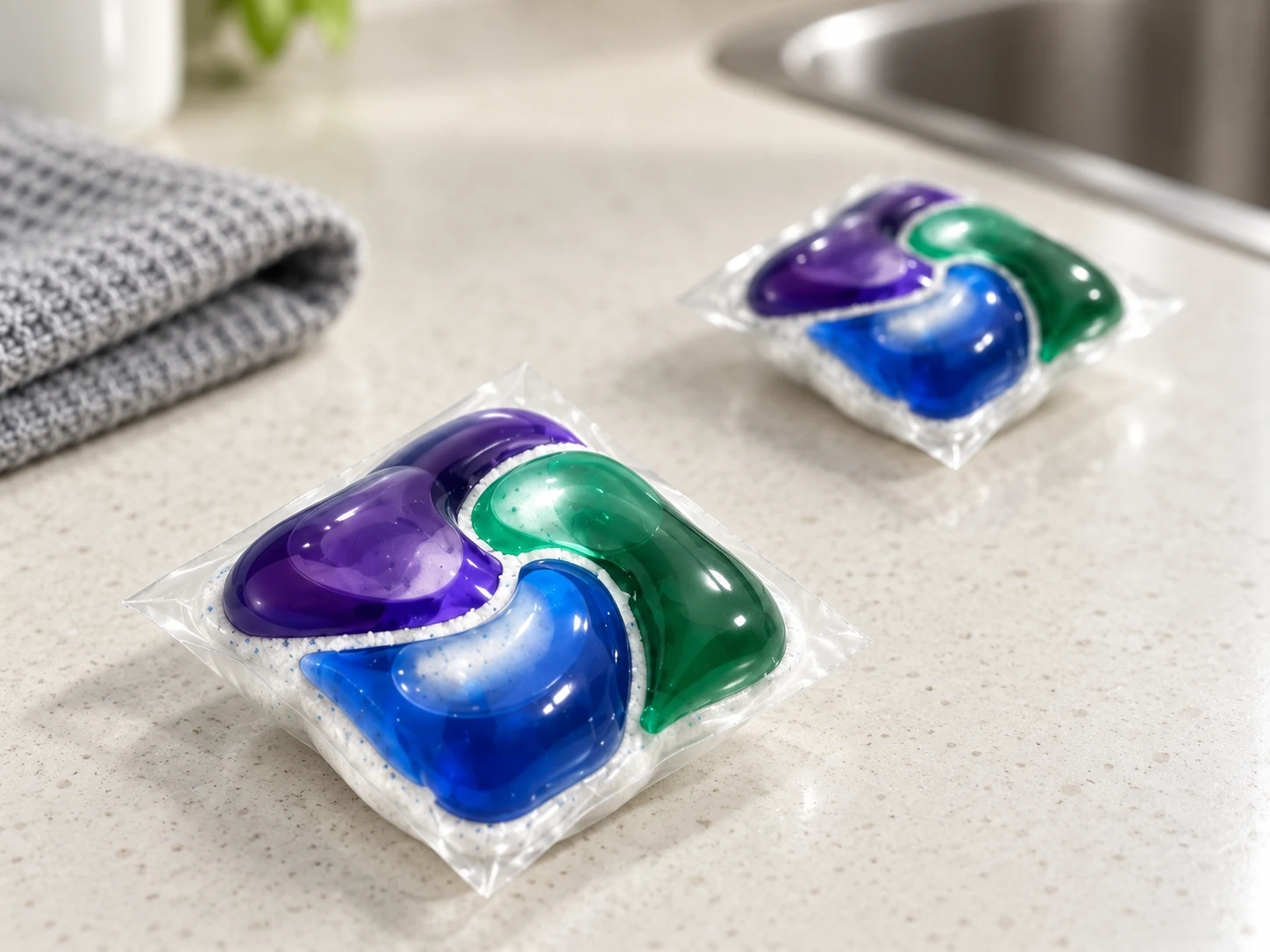 Close-up of powder-and-liquid dishwasher pods with purple, green and blue compartments on a kitchen counter.