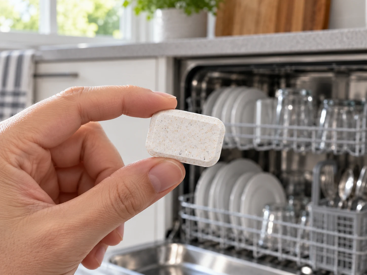 A small white rectangular dishwasher detergent tablet held between dry fingers in front of an open dishwasher