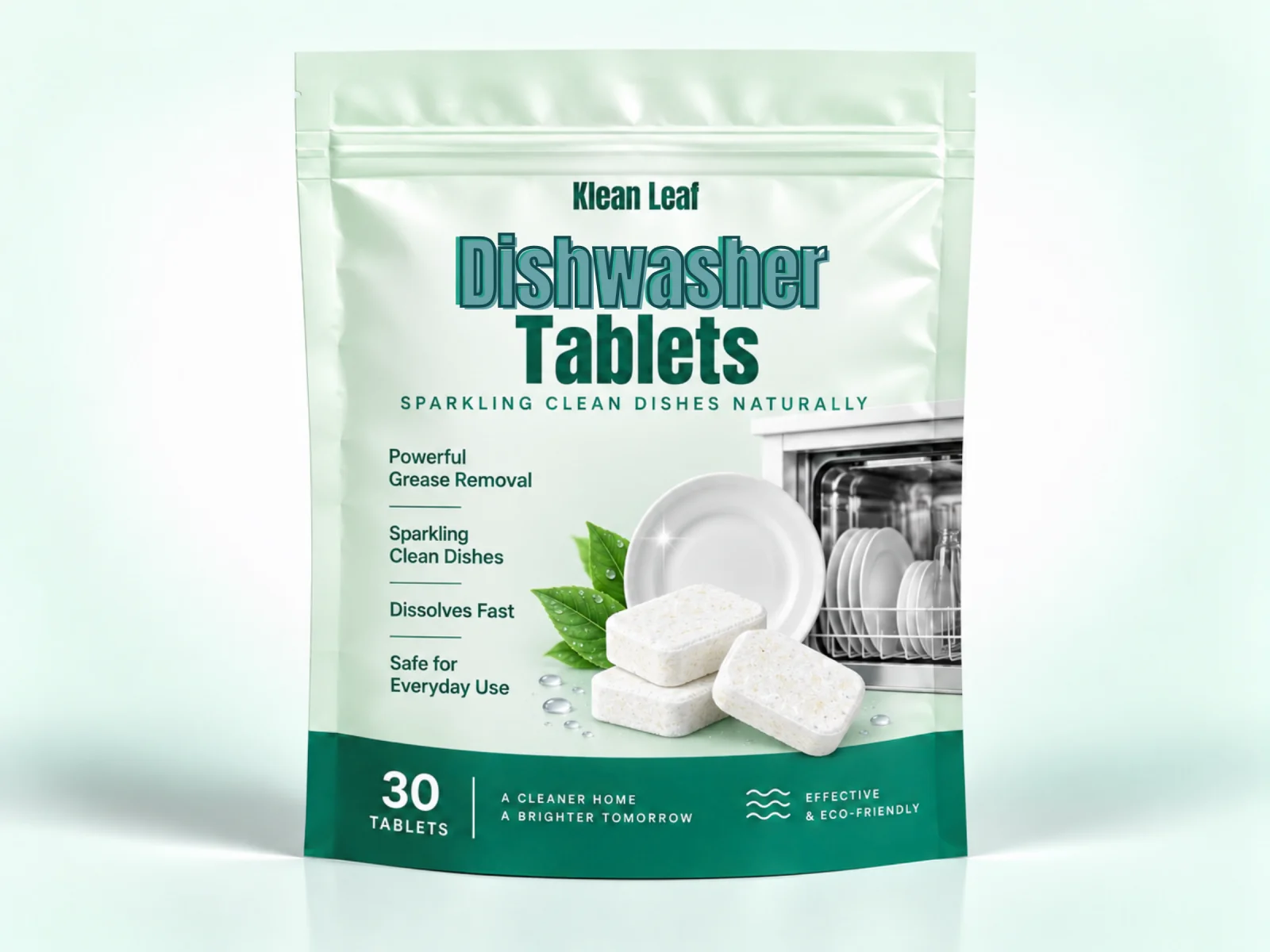 Klean Leaf dishwasher detergent tablets in a light green resealable pouch with a dishwasher and tablet illustration