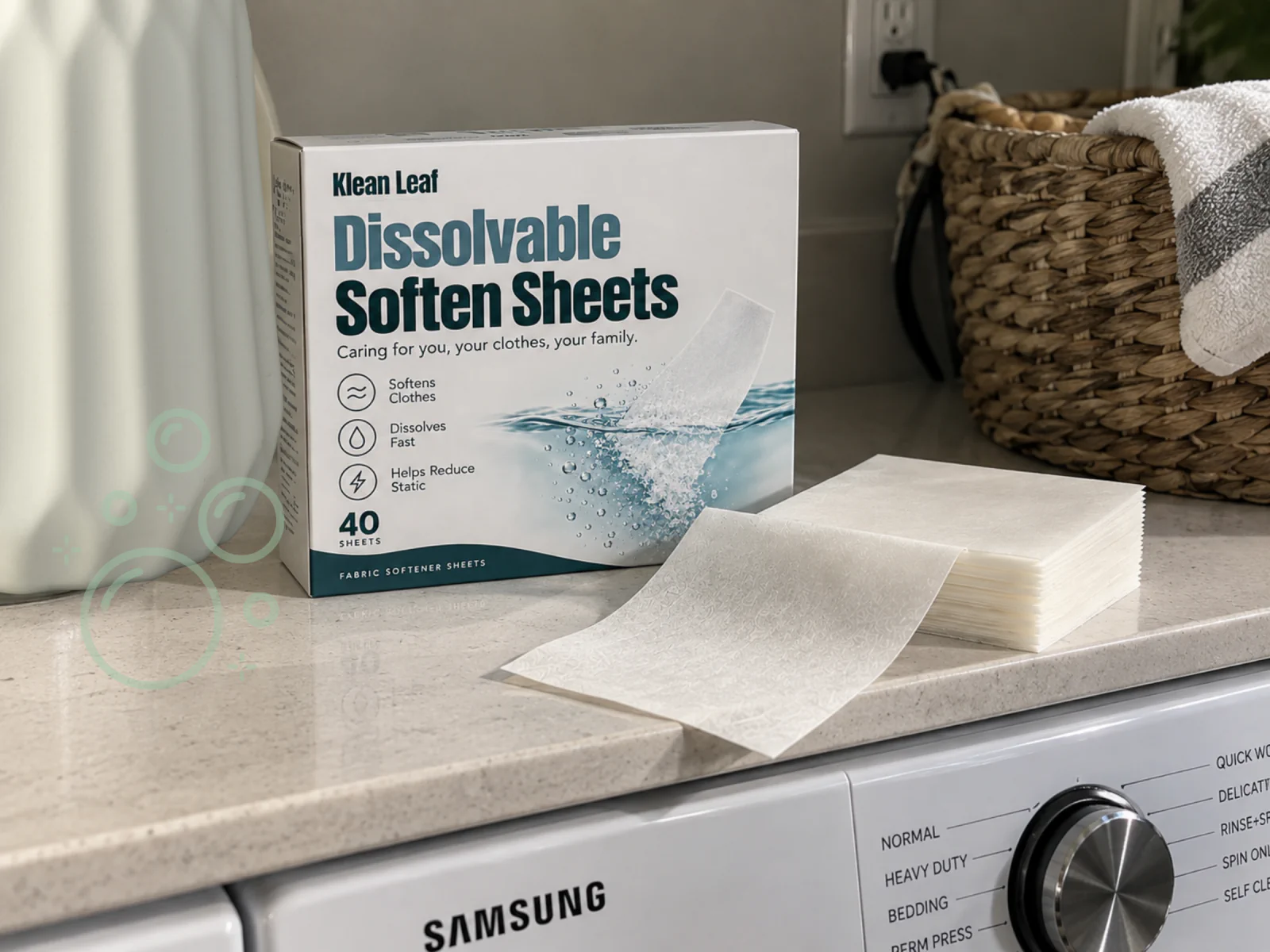 Klean Leaf dissolvable fabric softener sheets box and loose white sheets on a laundry countertop beside a basket of towels