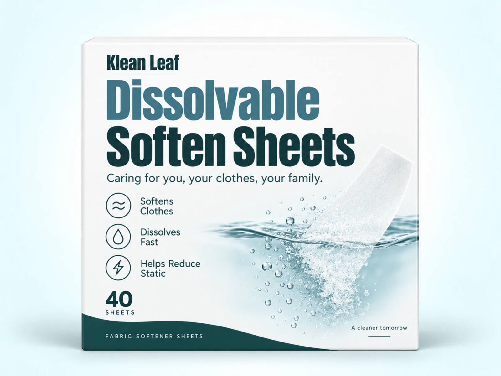 Klean Leaf Dissolvable Fabric Softener Sheets in a white box with a sheet and water splash design