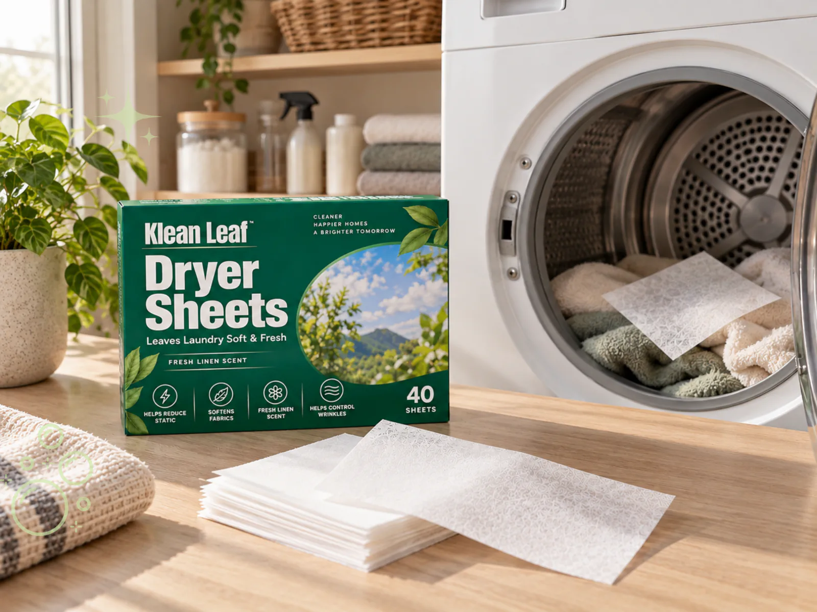 Klean Leaf dryer sheets box and stacked sheets beside an open dryer with a sheet resting on towels