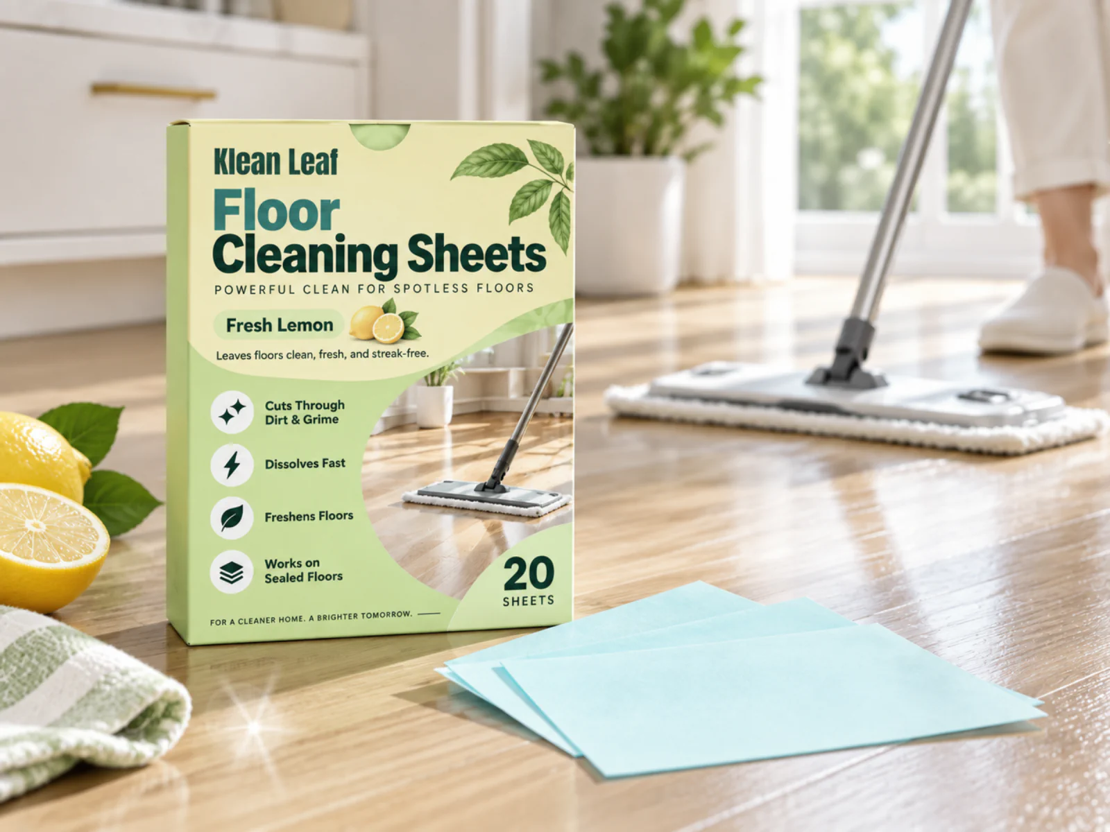 Klean Leaf floor cleaning sheets beside a mop on a floor