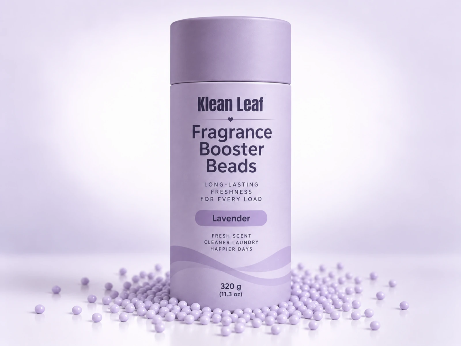 Klean Leaf concentrated fragrance booster beads in a lavender cylindrical container labeled Lavender, surrounded by purple beads