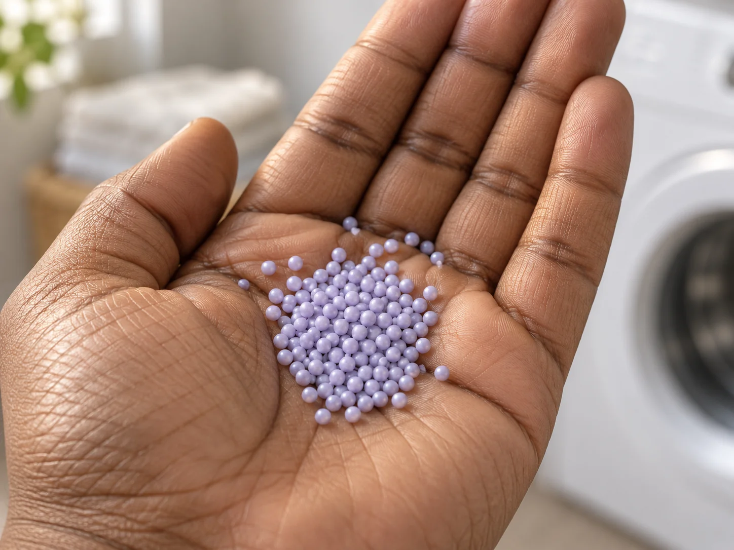 Small pale purple fragrance booster beads in a cupped hand