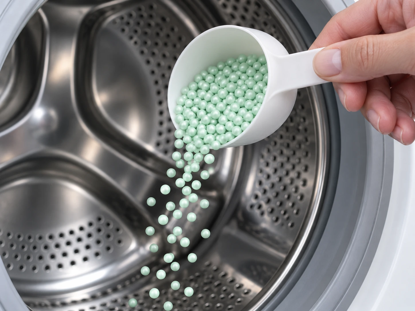 Pale mint fragrance booster beads pouring from a plain scoop directly into an empty washing machine drum.