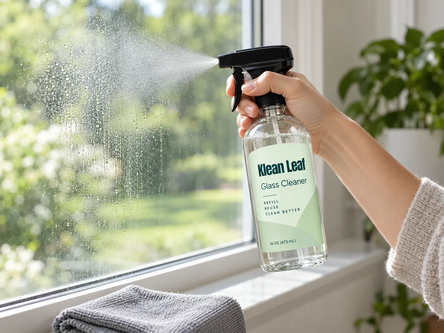 An adult cleaning glass with the Klean Leaf glass cleaning sheet kit's black-trigger spray bottle and a cloth