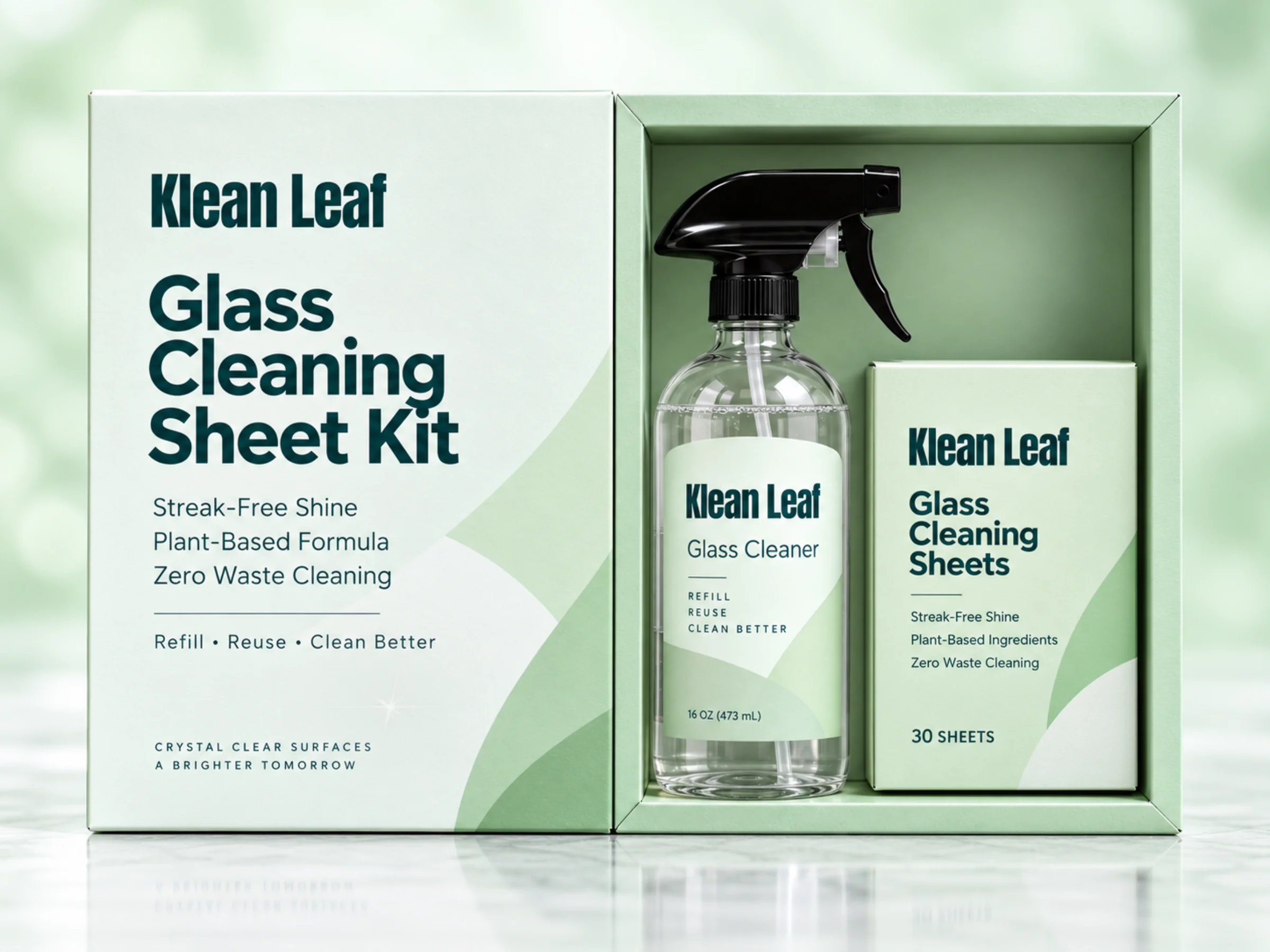 Klean Leaf glass cleaning sheet kit with a black-trigger spray bottle, sheet refill box and presentation box