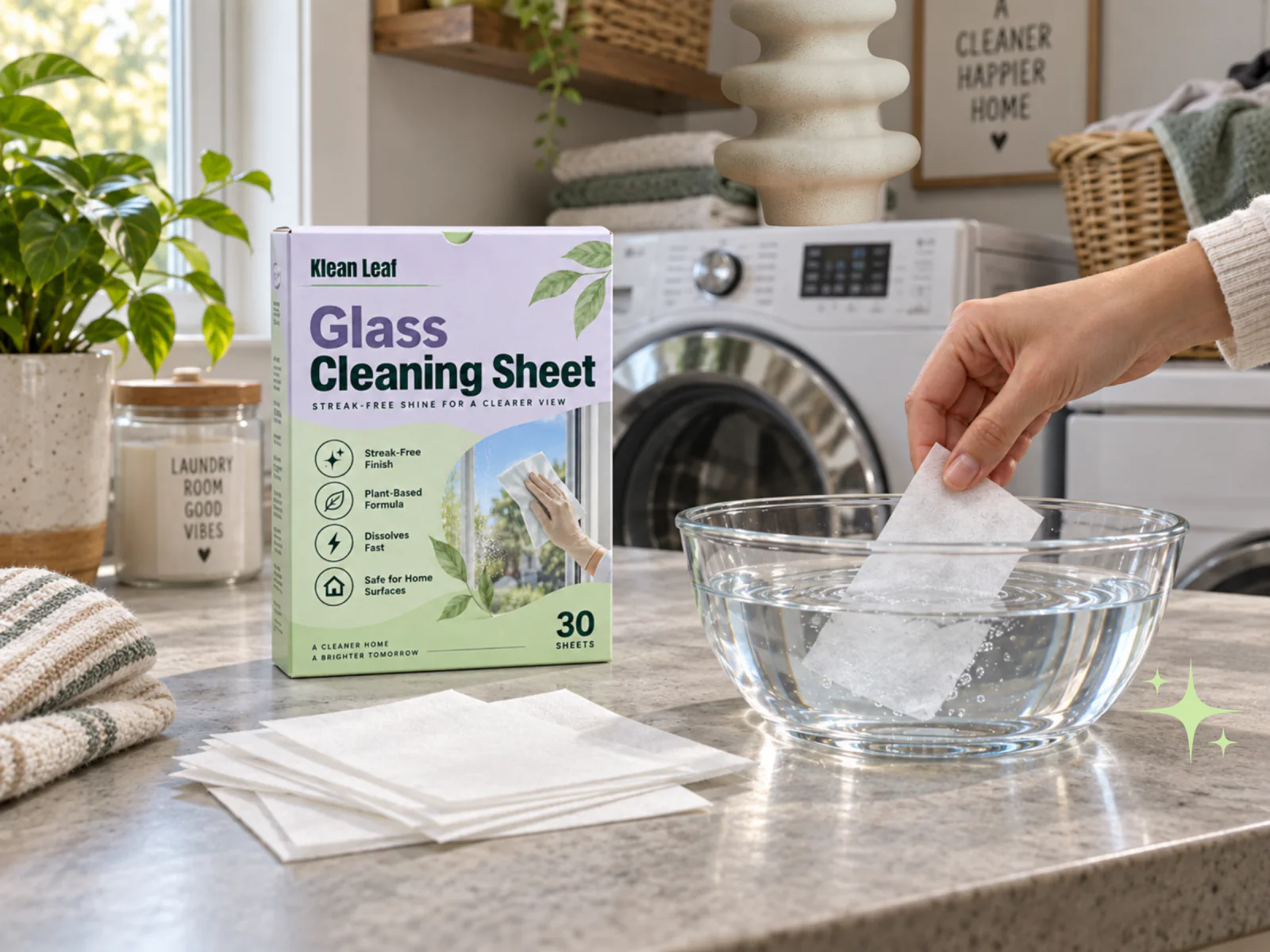 A Klean Leaf glass cleaning sheet being dissolved in a bowl of water