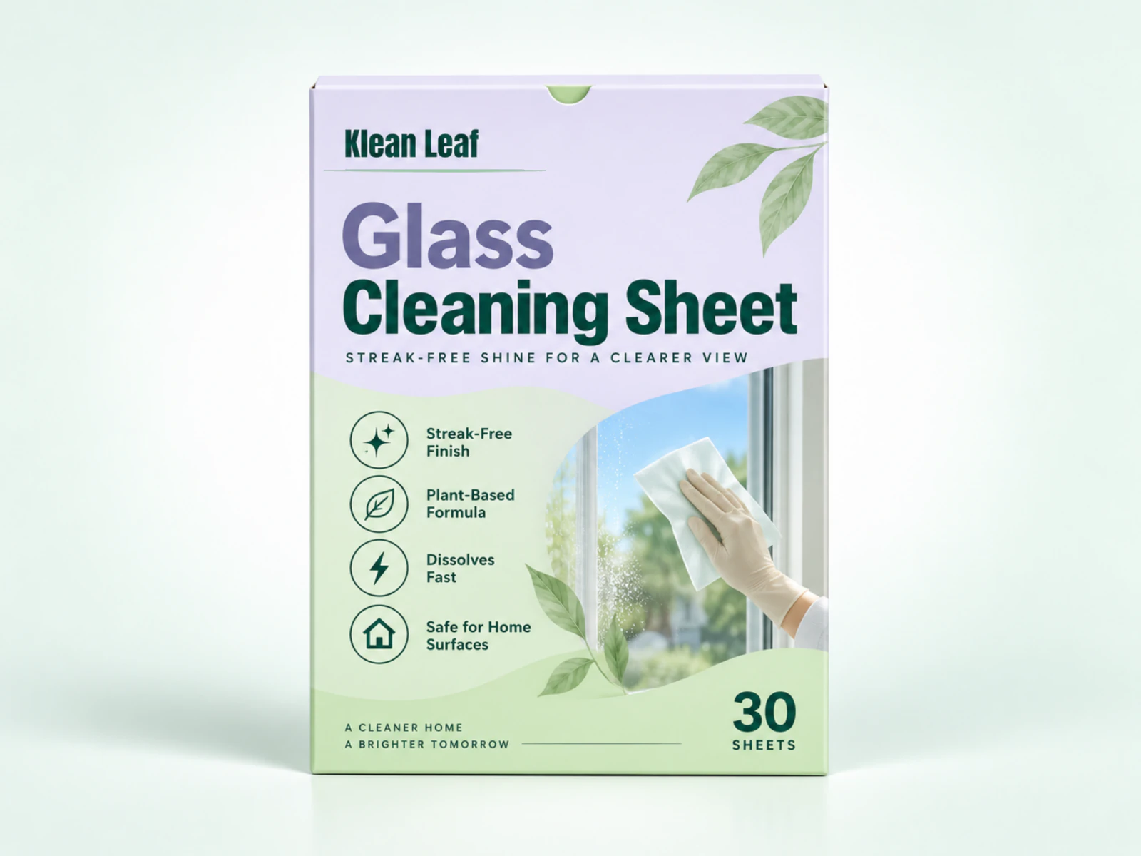 Klean Leaf Glass Cleaning Sheets in a lavender and green box with a window cleaning illustration