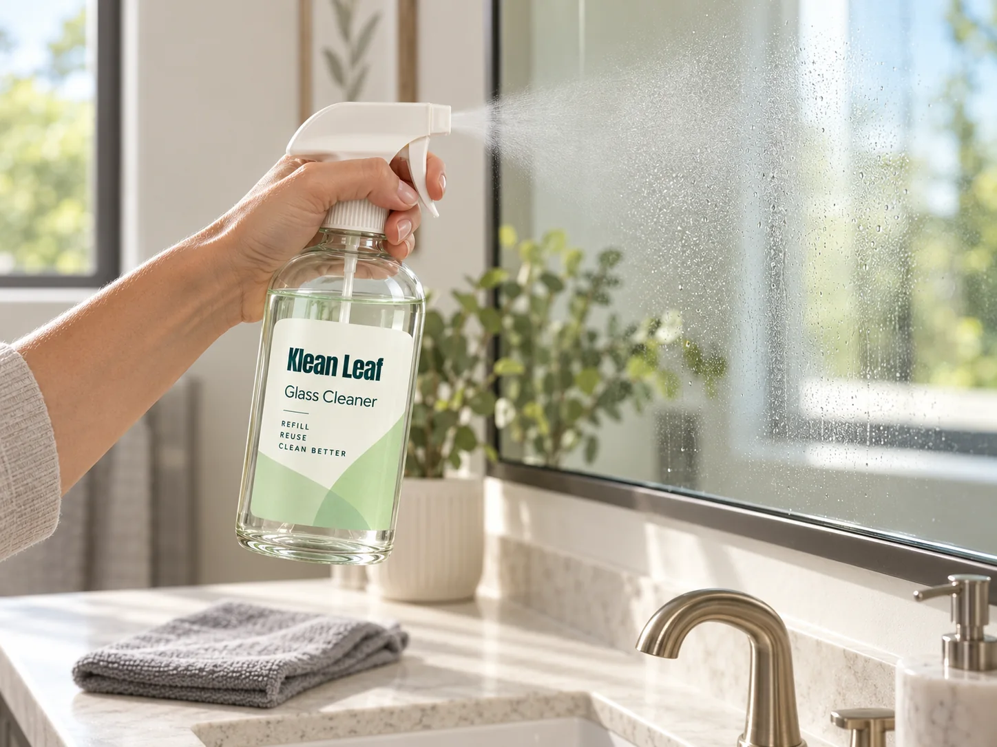 An adult cleaning glass with the Klean Leaf glass cleaning tablet kit's white-trigger spray bottle and a cloth