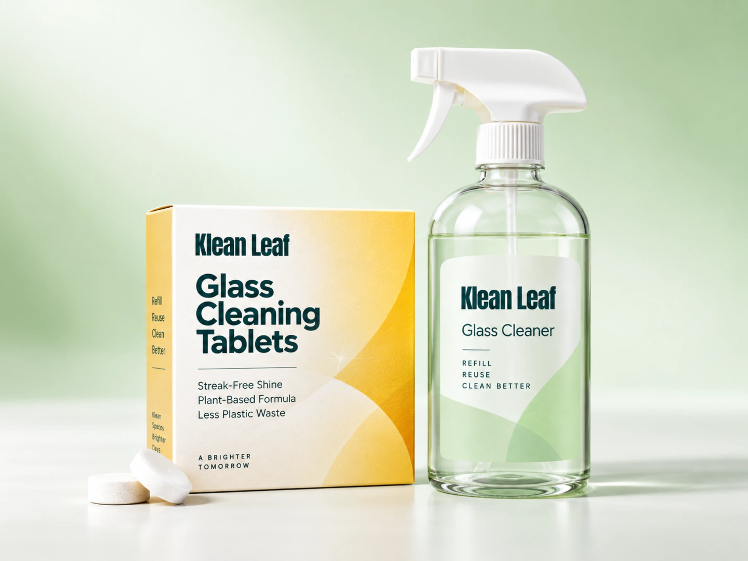 Klean Leaf glass cleaning tablet kit with a white-trigger spray bottle, yellow tablet box and loose tablets