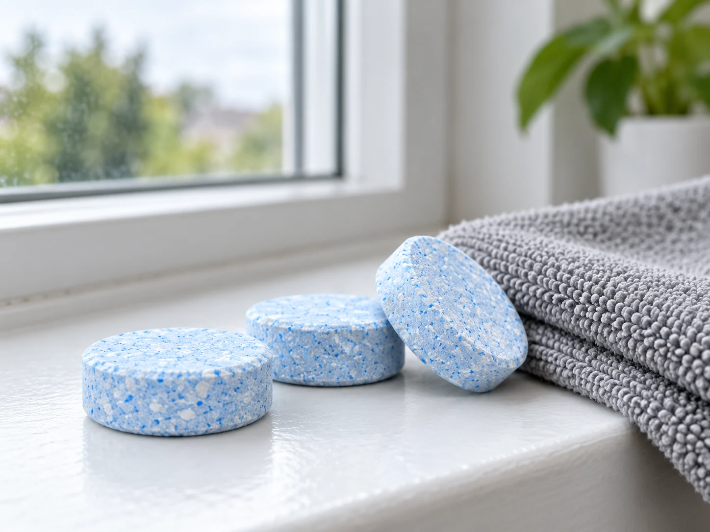 Loose pale blue Klean Leaf glass cleaning tablets in macro detail beside a gray microfiber cloth on a window sill