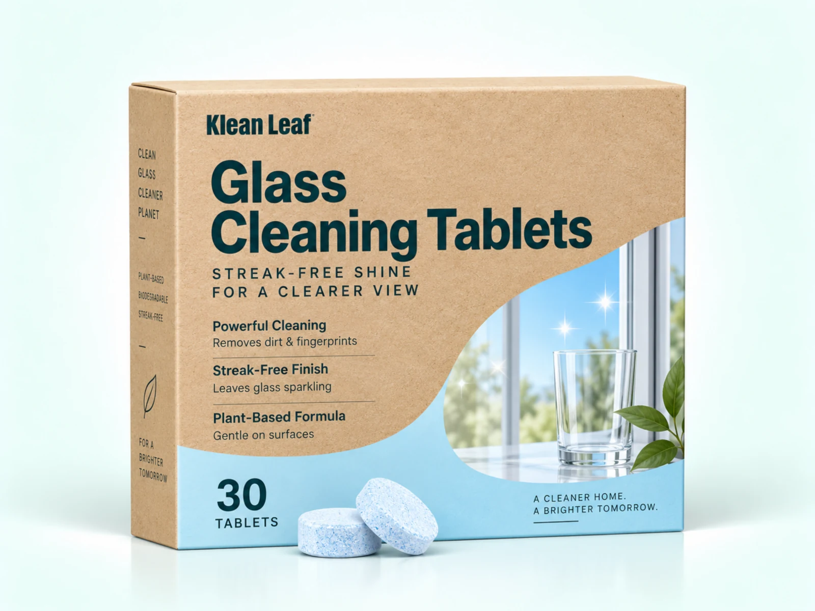 Klean Leaf glass cleaning tablets in a tan and blue box with a window and glass illustration and loose blue tablets