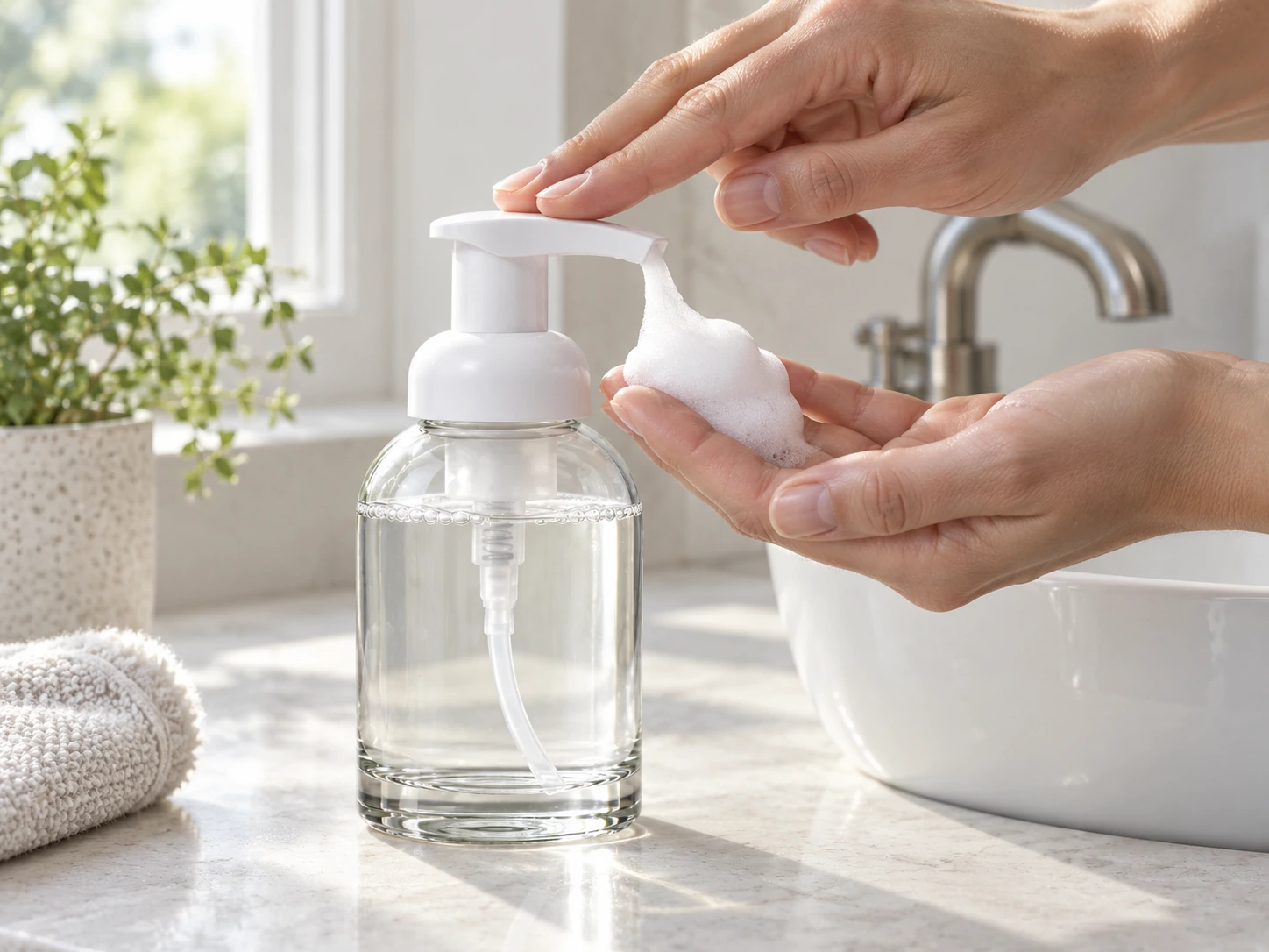 Hands pressing the white pump of a clear glass foaming bottle to dispense soap beside a sink