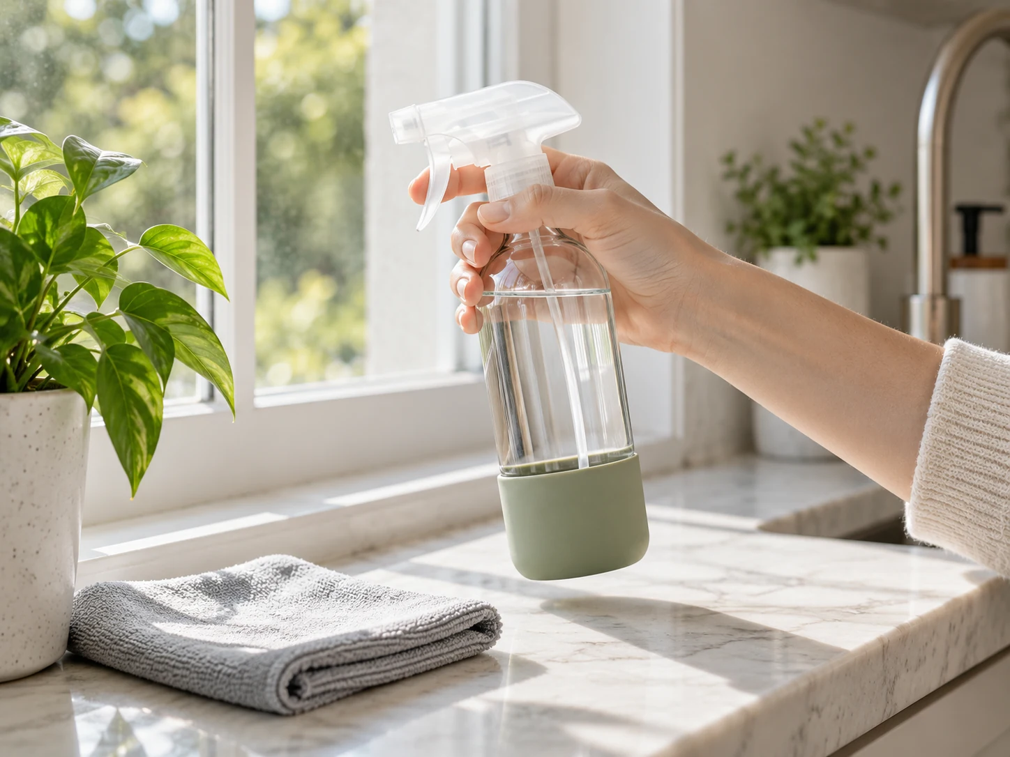 A hand holding a clear glass spray bottle with a sage green sleeve beside a window