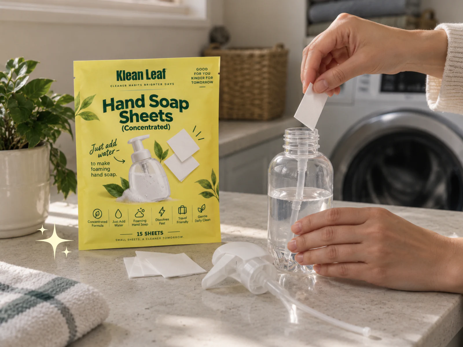 A hand holding a concentrated Klean Leaf hand soap sheet above a foaming bottle of water