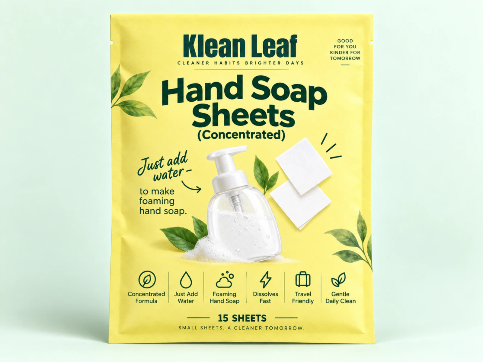Klean Leaf concentrated hand soap sheets in a yellow pouch with soap sheets and a foaming pump bottle illustration