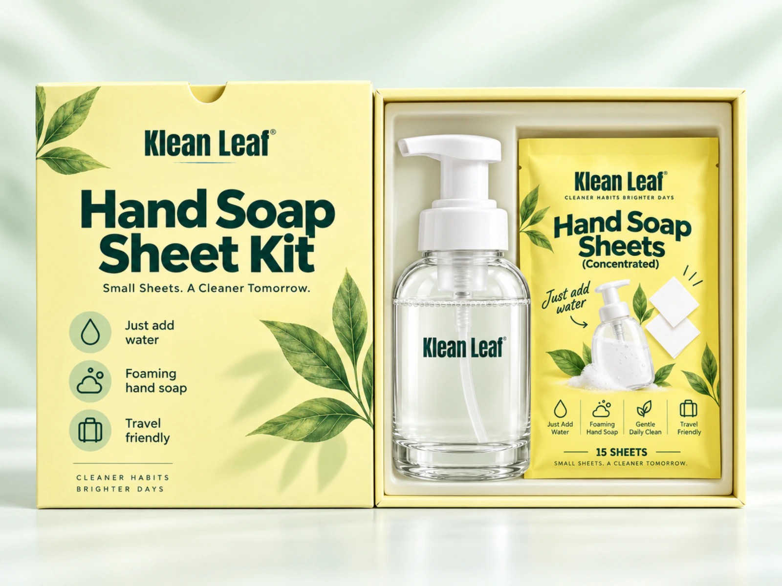 Klean Leaf hand soap sheet kit with foaming bottle and concentrated sheet refill pouch