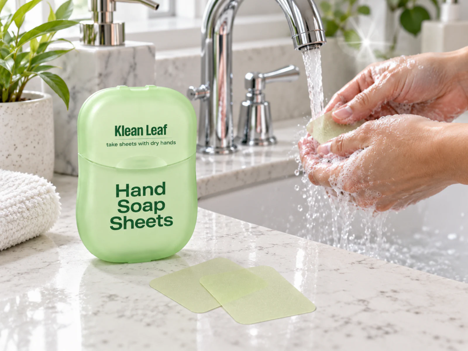 Single-use Klean Leaf soap sheets beside hands being washed under running water