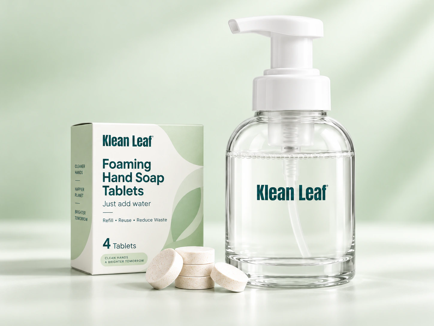 Klean Leaf foaming hand soap tablet kit with packaging, tablets, and a reusable pump bottle