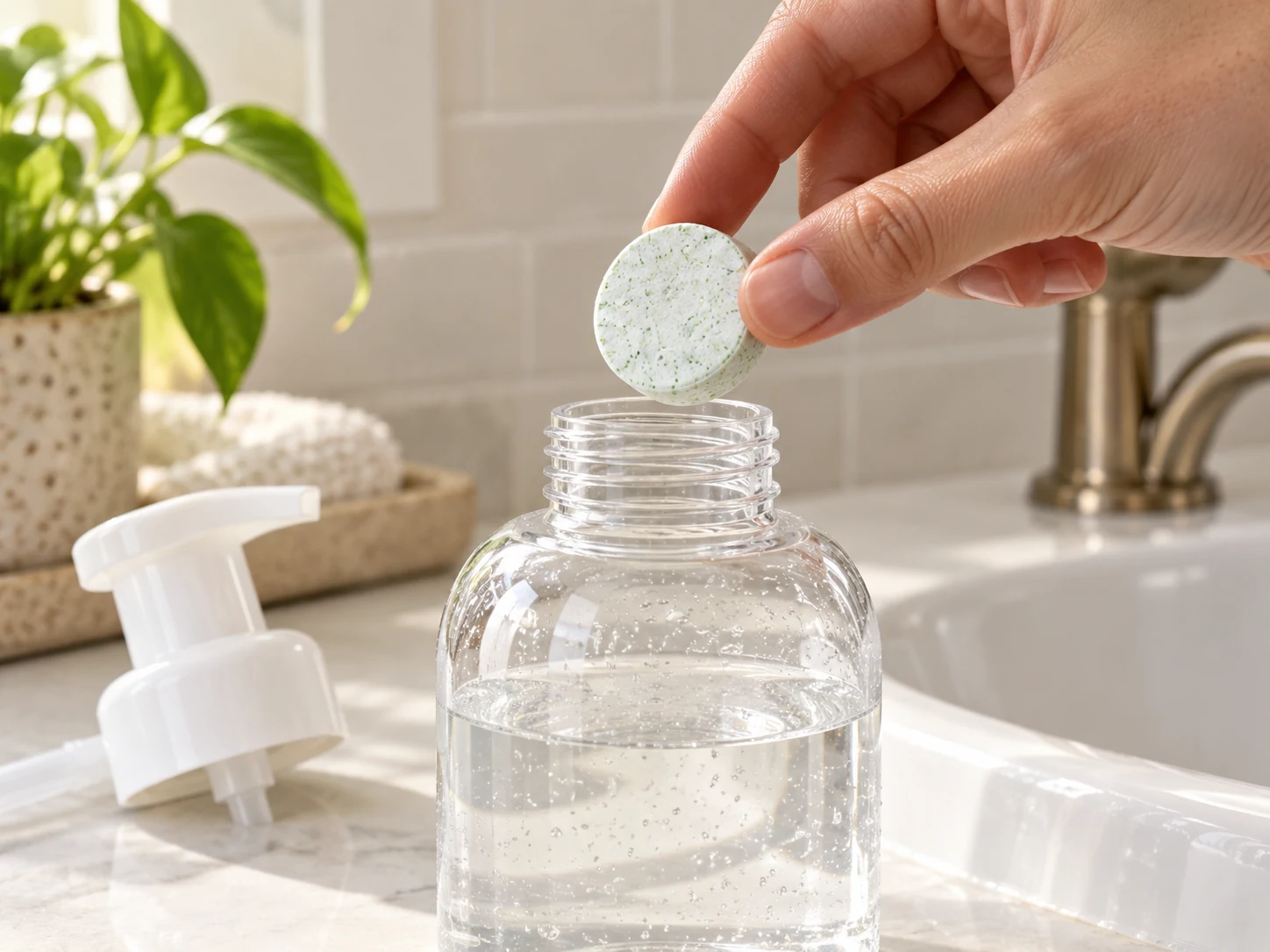 A hand holding a pale green speckled soap tablet above water in an open foaming soap bottle