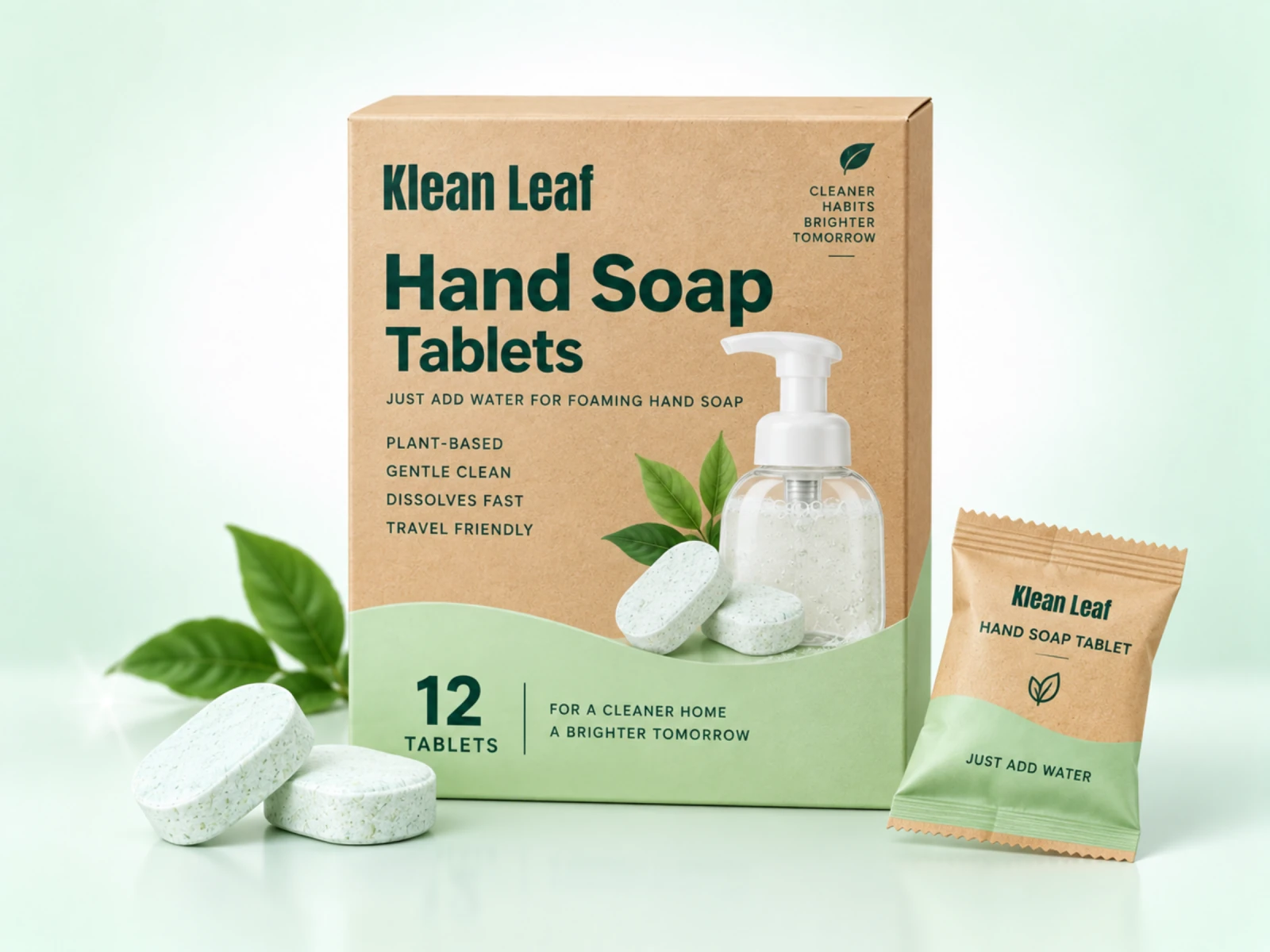 Klean Leaf hand soap tablets in a tan and pale green box with a wrapped tablet and a foaming pump bottle illustration