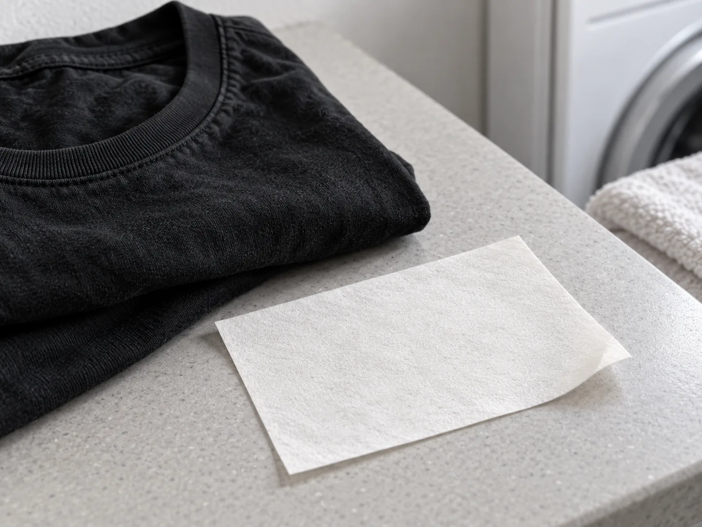A thin off-white laundry treatment sheet beside folded black cotton clothing on a dry counter