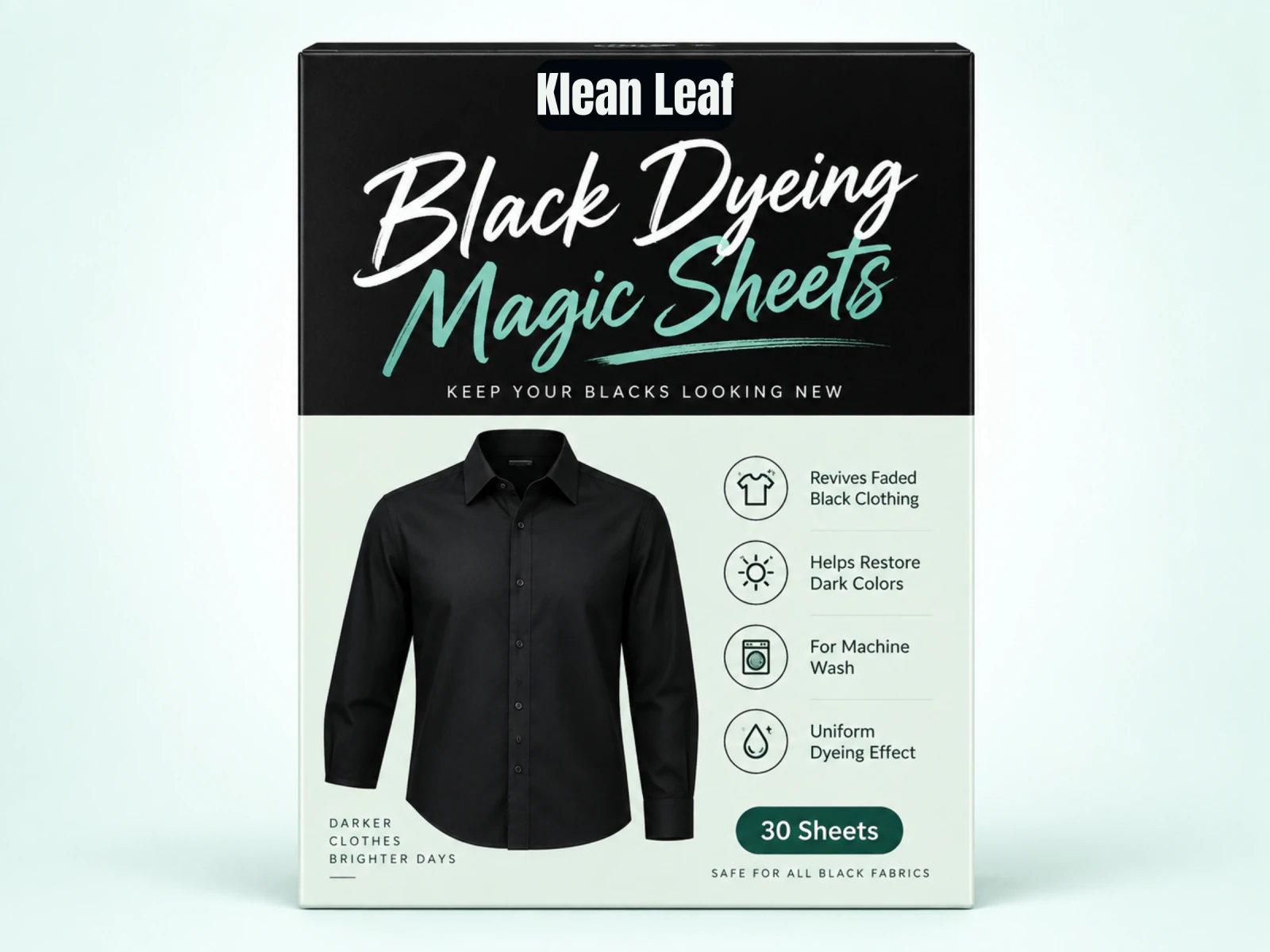 Klean Leaf Laundry Black Dyeing Magic Sheets in a black and pale green box with a black shirt
